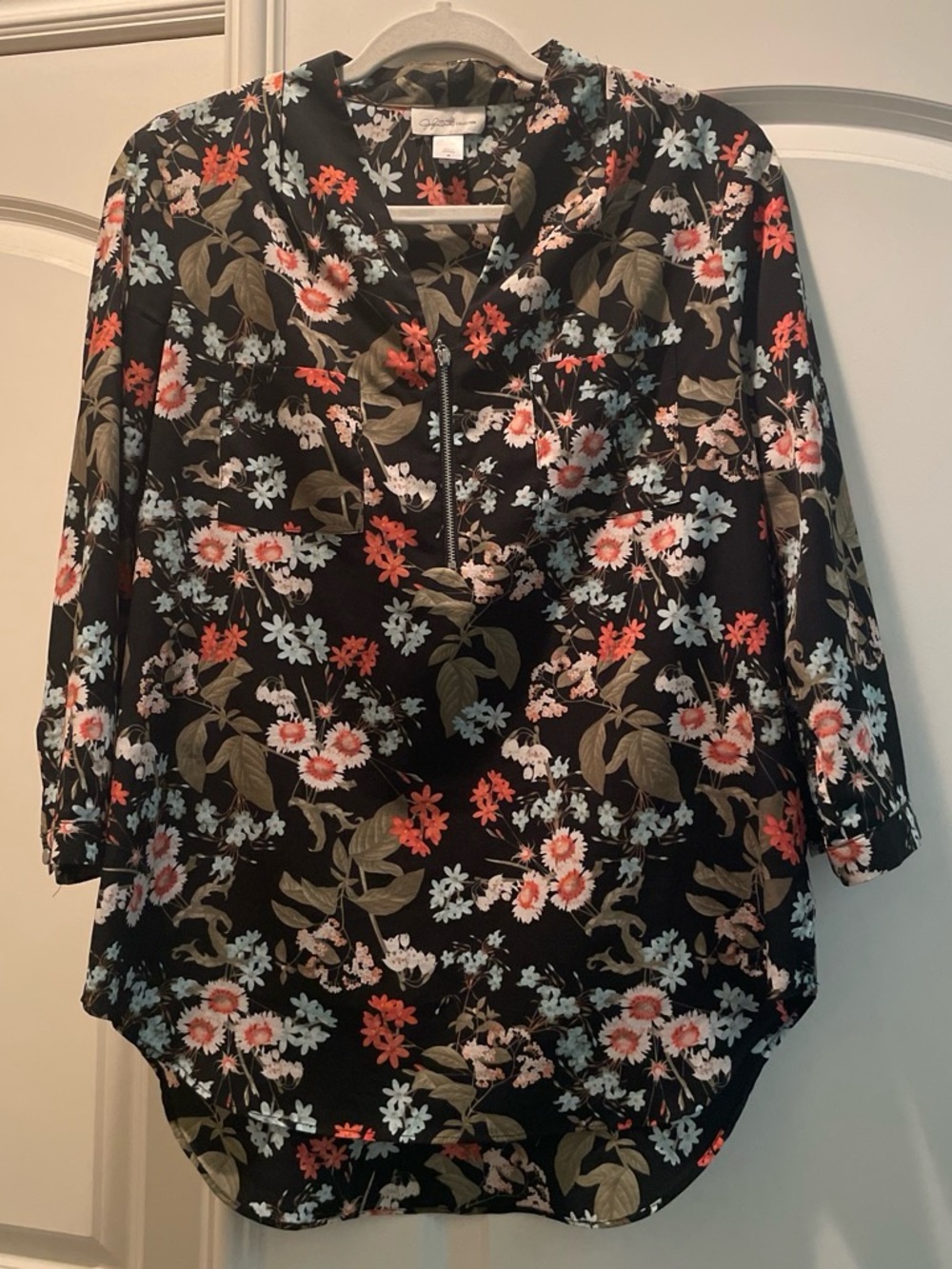 Jaclyn Smith Black Floral Zip-Neck Tunic with Coral & Light Blue Flowers